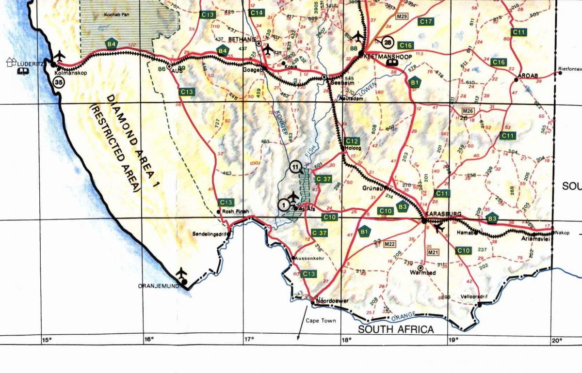 Карта на јужна Намибија